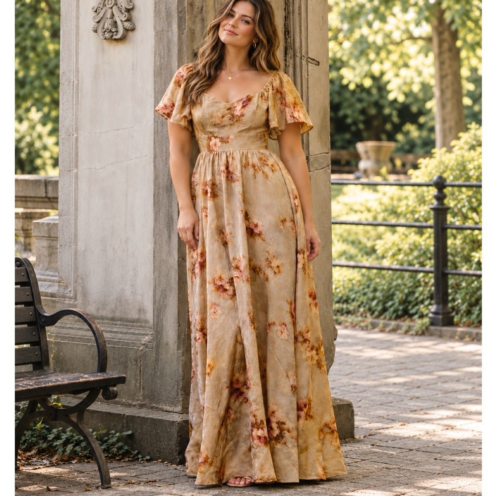 Baltic Born Astor Maxi Dress Gold Floral Size 2X Flutter Sleeve Wedding Romantic